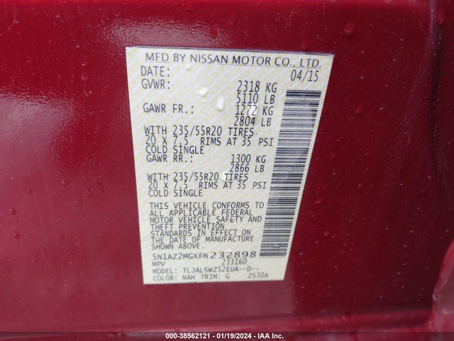 2015 NISSAN MURANO PLATINUM VIN: 5N1AZ2MGXFN232898