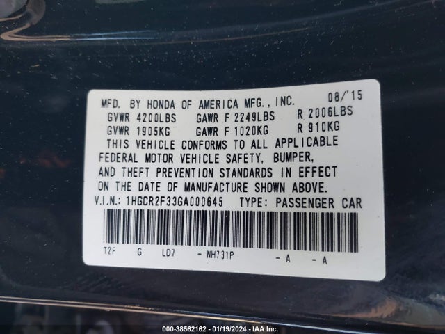 Honda ACCORD LX 2016 1HGCR2F33GA000645 Image 9