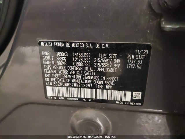 2021 HONDA HR-V AWD EX VIN: 3CZRU6H57MM712257