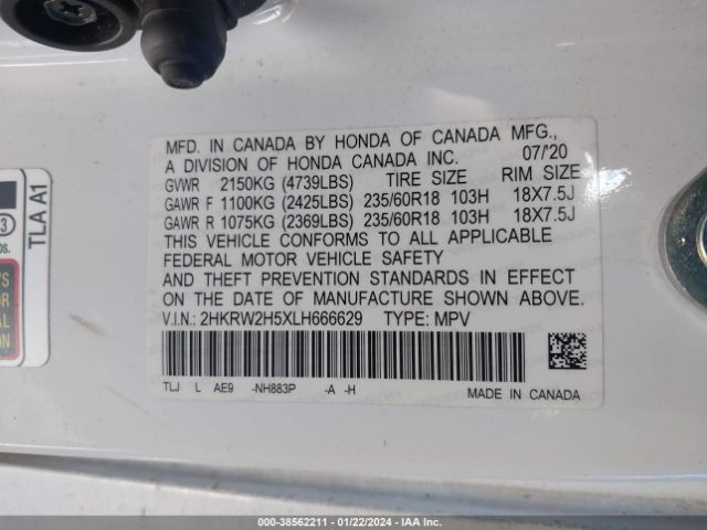 2HKRW2H5XLH666629 Honda Cr-v Awd Ex