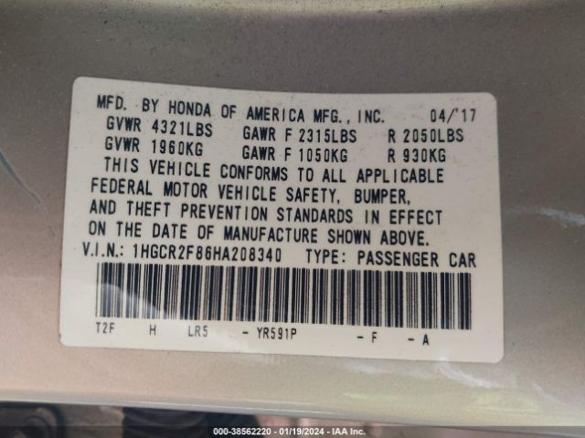 1HGCR2F86HA208340 Honda Accord Ex-l