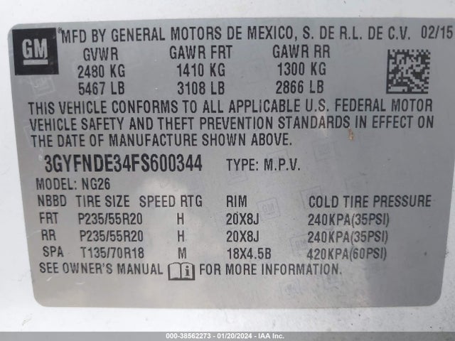 3GYFNDE34FS600344 Cadillac Srx Premium Collection