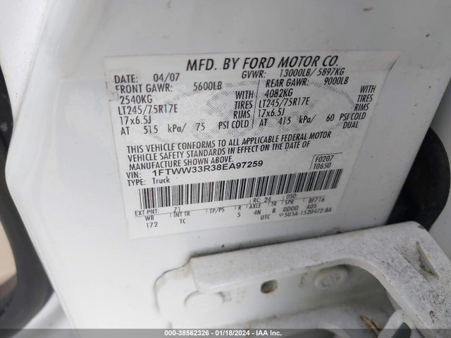 Продаж на аукціоні авто 2008 Ford F-350 Fx4/king Ranch/lariat/xl/xlt, vin: 1FTWW33R38EA97259, номер лоту: 38562326