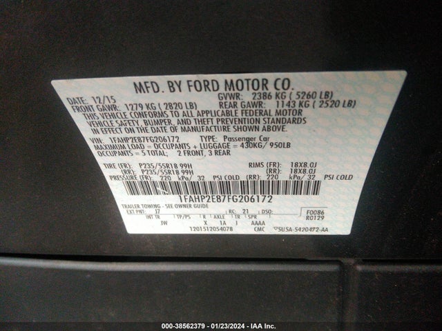 Ford TAURUS SEL 2015 1FAHP2E87FG206172 Image 9