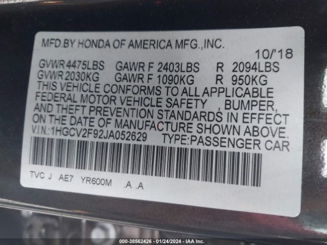 1HGCV2F92JA052629 Honda Accord Touring 2.0t