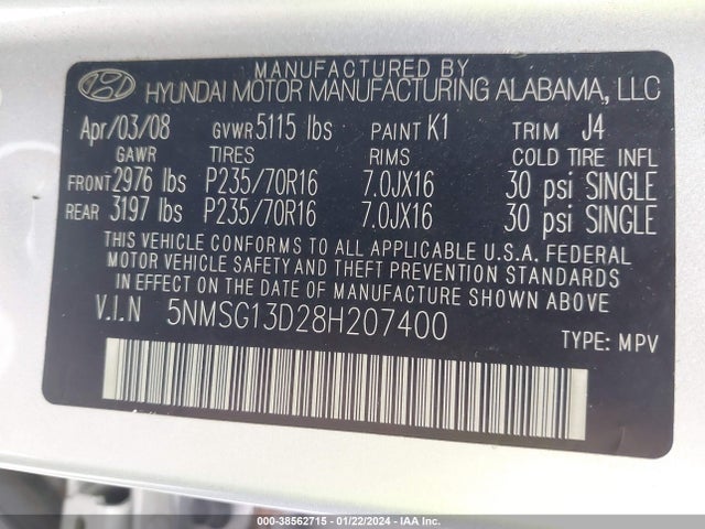 2008 HYUNDAI SANTA FE GLS VIN: 5NMSG13D28H207400