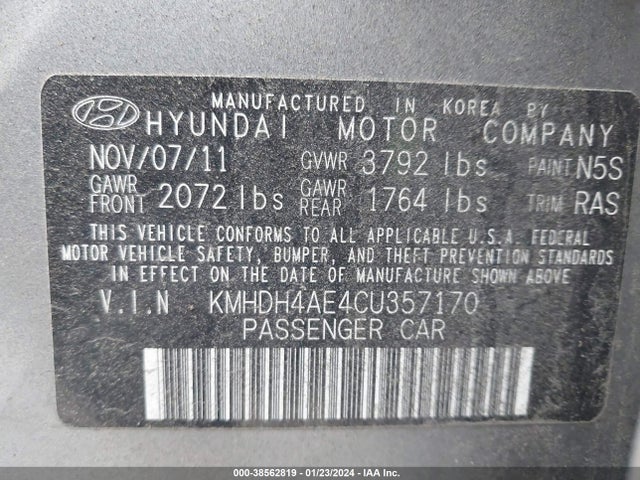 2012 HYUNDAI ELANTRA GLS (ULSAN PLANT) VIN: KMHDH4AE4CU357170