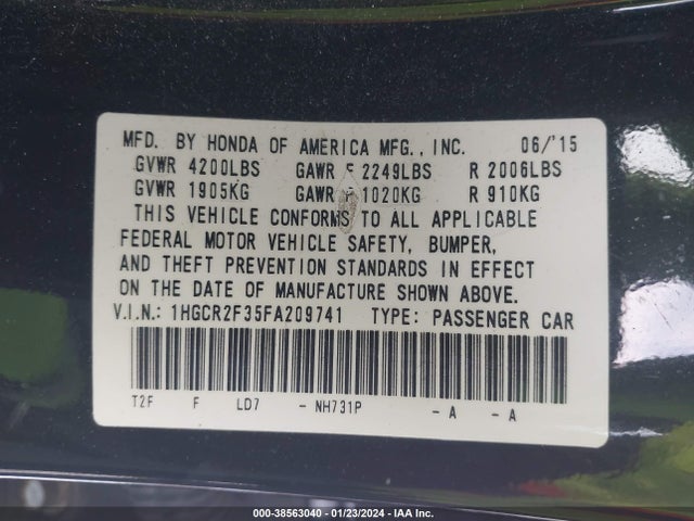 Honda ACCORD LX 2015 1HGCR2F35FA209741 Image 9