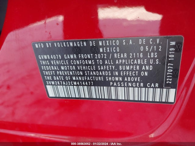 2012 VOLKSWAGEN JETTA 2.0L S VIN: 3VW2K7AJ2CM414477