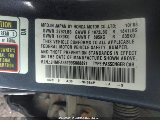 2009 HONDA CIVIC HYBRID VIN: JHMFA36299S008891