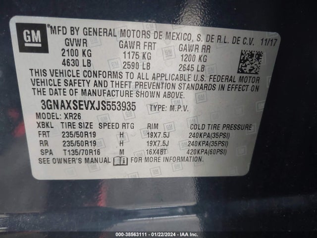 Chevrolet EQUINOX LT 2018 3GNAXSEVXJS553935 Image 9