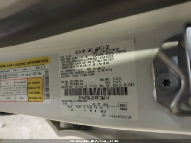 3FA6P0MU3KR136747 Ford Fusion Hybrid Sel