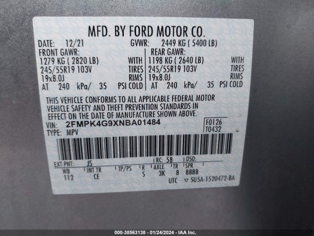 Ford EDGE SE 2022 2FMPK4G9XNBA01484 Image 9