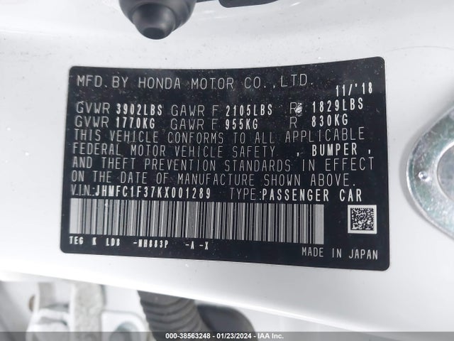 Honda CIVIC EX 2019 JHMFC1F37KX001289 Image 9