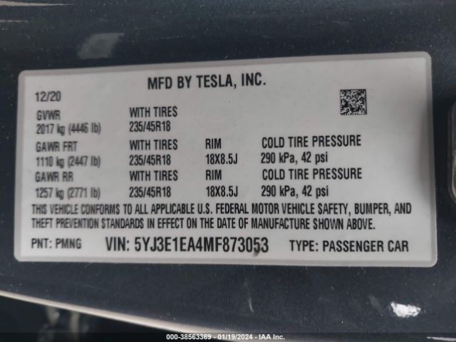 5YJ3E1EA4MF873053 Tesla Model 3 Standard Range Plus Rear-wheel Drive