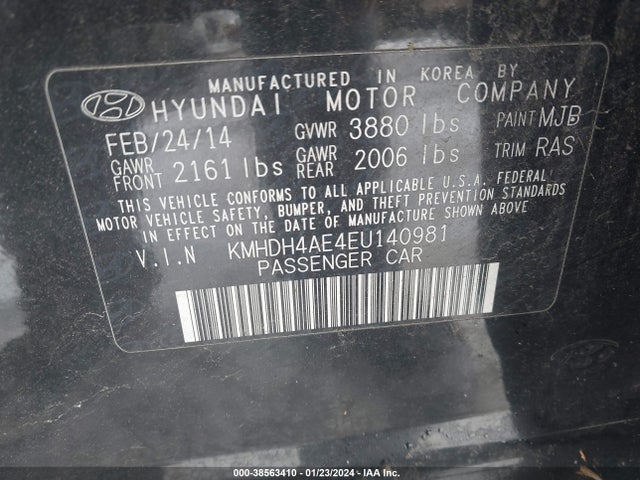 2014 HYUNDAI ELANTRA SE (ULSAN PLANT) VIN: KMHDH4AE4EU140981