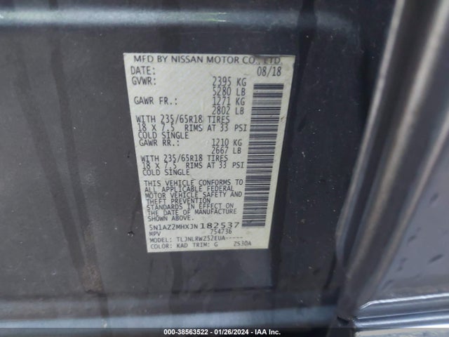 Nissan MURANO SL 2018 5N1AZ2MHXJN182537 Image 9