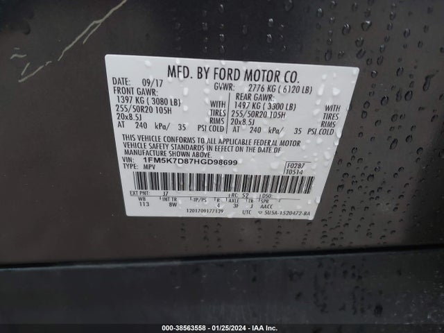 Ford EXPLORER XLT 2017 1FM5K7D87HGD98699 Image 9