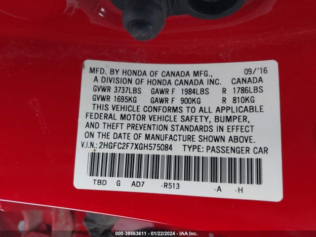 Honda CIVIC EX 2016 2HGFC2F7XGH575084 Image 9