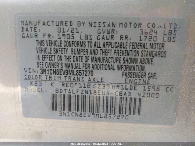 3N1CN8EV9ML857270 Nissan Versa Sv Xtronic Cvt