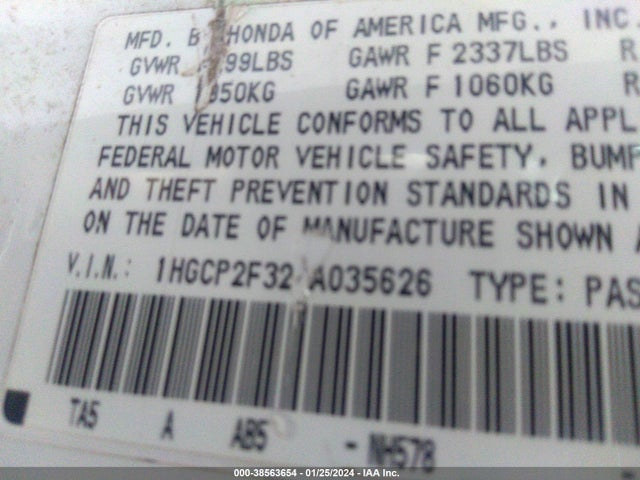 2010 HONDA ACCORD 2.4 LX VIN: 1HGCP2F32AA035626