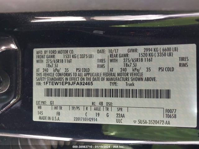 2018 FORD F-150 XLT VIN: 1FTEW1EP9JFA92465