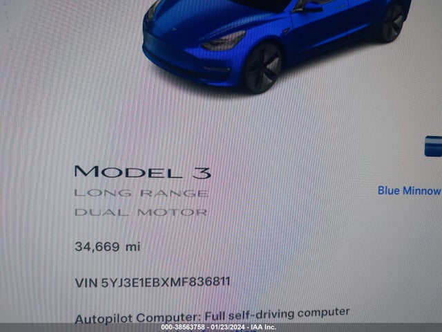 2021 TESLA MODEL 3 LONG RANGE DUAL MOTOR ALL-WHEEL DRIVE VIN: 5YJ3E1EBXMF836811