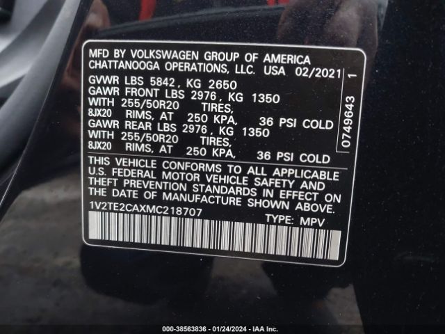 1V2TE2CAXMC218707 Volkswagen Atlas Cross Sport 3.6l V6 Sel Premium