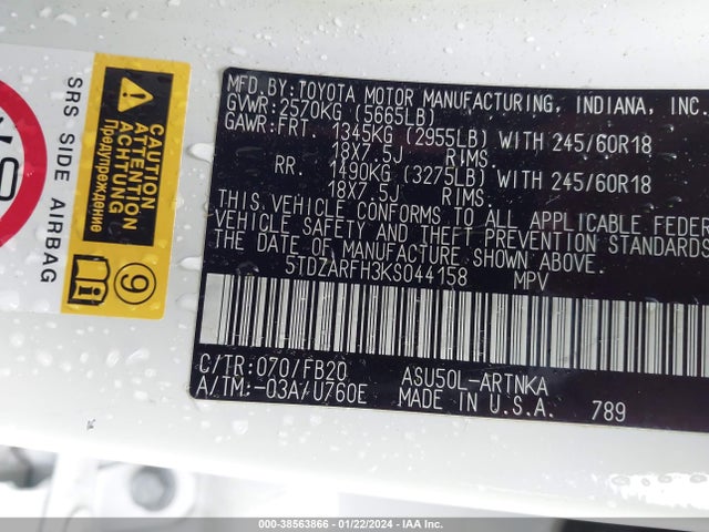 Toyota Highlander Le 2019 5TDZARFH3KS044158 Image 9