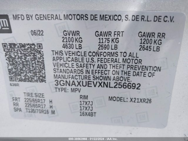 3GNAXUEVXNL256692 Chevrolet Equinox Awd Lt