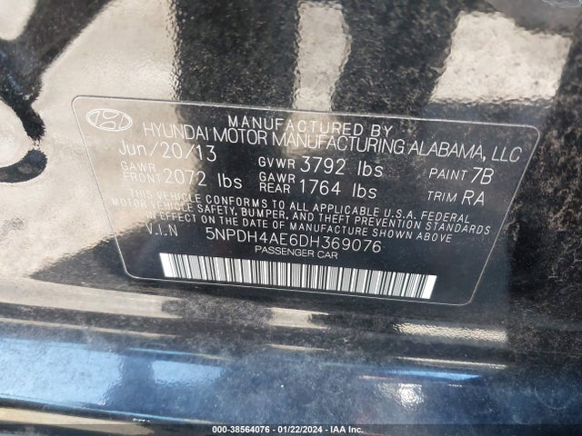 2013 HYUNDAI ELANTRA LIMITED VIN: 5NPDH4AE6DH369076