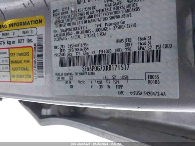 3FA6P0G7XKR171517 Ford FUSION S