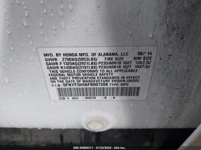 5FNYF3H56FB007208 Honda Pilot Ex-l
