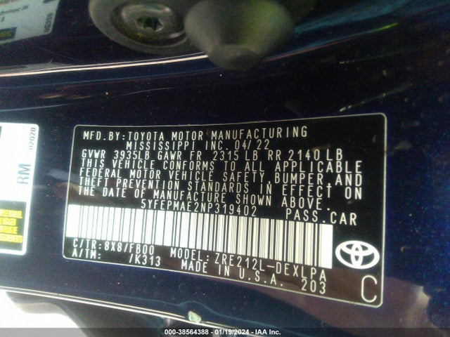 2022 TOYOTA COROLLA LE VIN: 5YFEPMAE2NP319402