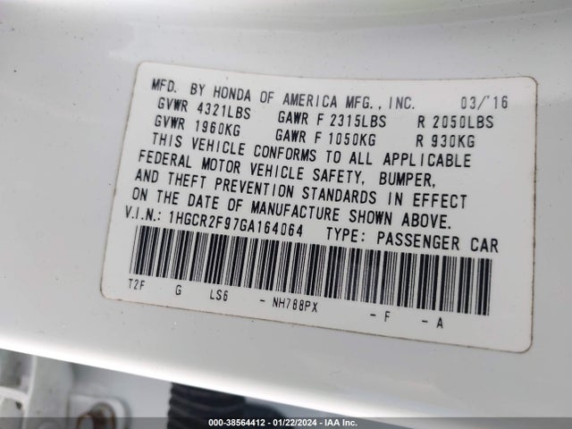 Honda Accord Ex-l 2016 1HGCR2F97GA164064 Image 9