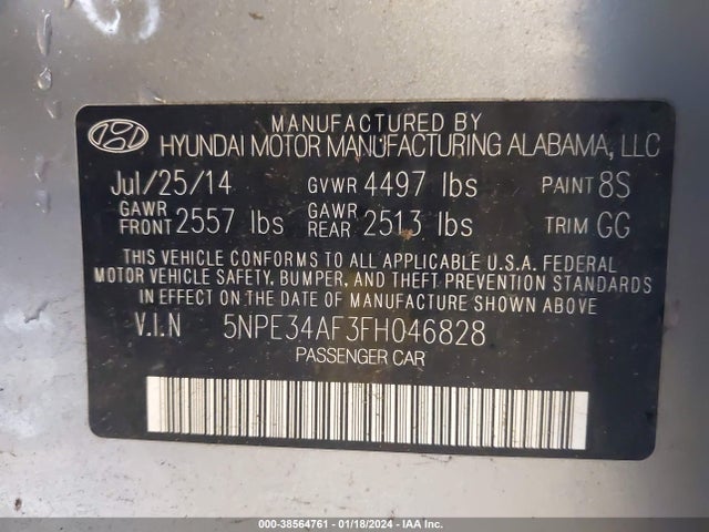 2015 HYUNDAI SONATA SPORT VIN: 5NPE34AF3FH046828