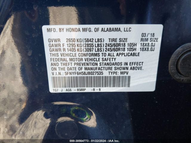 5FNYF6H58JB027535 Honda Pilot Ex-l