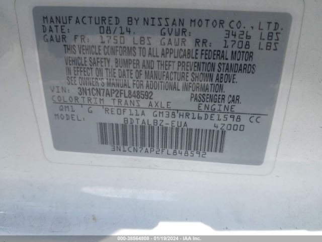3N1CN7AP2FL848592 Nissan Versa 1.6 S/1.6 S+/1.6 Sl/1.6 Sv
