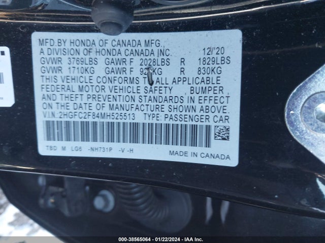 2021 HONDA CIVIC SPORT VIN: 2HGFC2F84MH525513