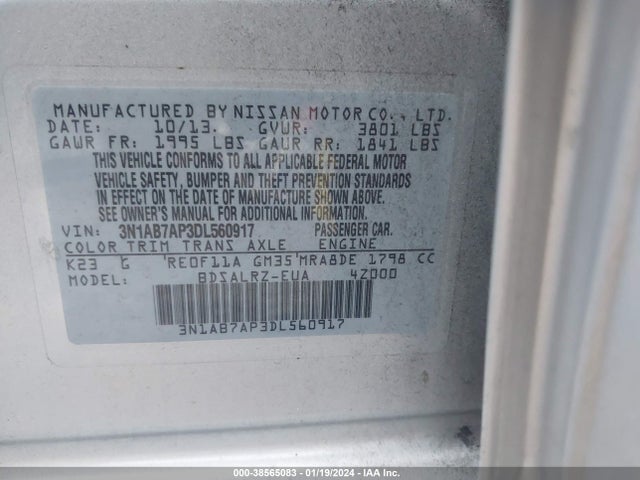 2013 NISSAN SENTRA SR VIN: 3N1AB7AP3DL560917