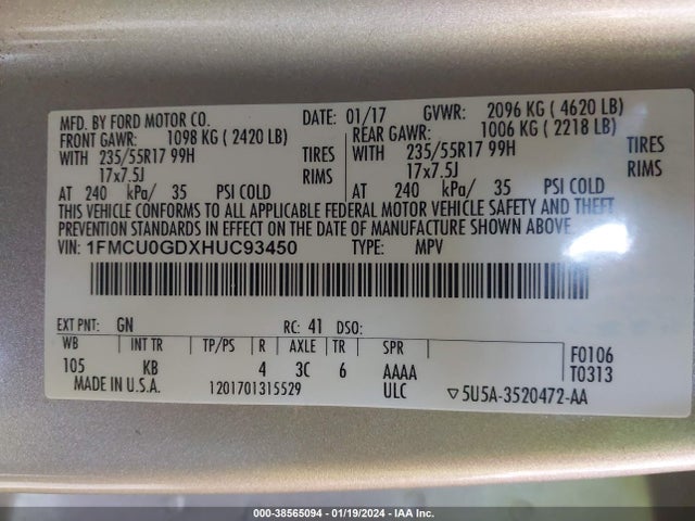 Ford ESCAPE SE 2017 1FMCU0GDXHUC93450 Image 9