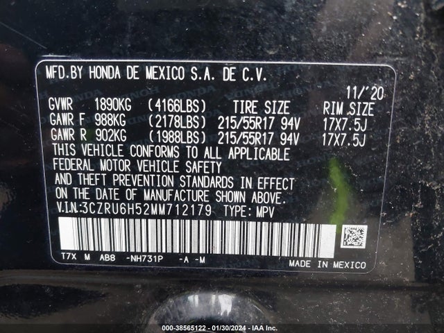 Honda Hr-v Awd Ex 2021 3CZRU6H52MM712179 Image 9