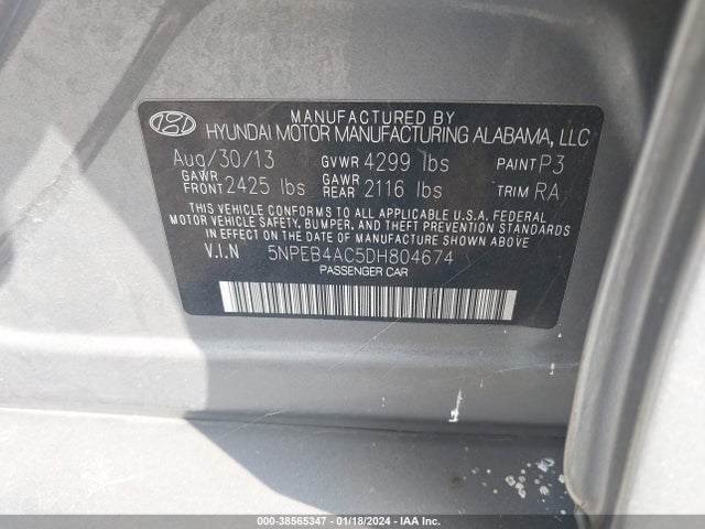 2013 HYUNDAI SONATA GLS VIN: 5NPEB4AC5DH804674