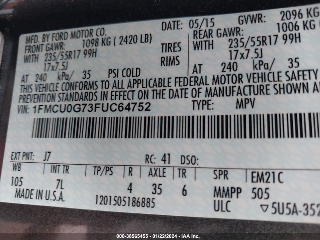Ford ESCAPE SE 2015 1FMCU0G73FUC64752 Image 9