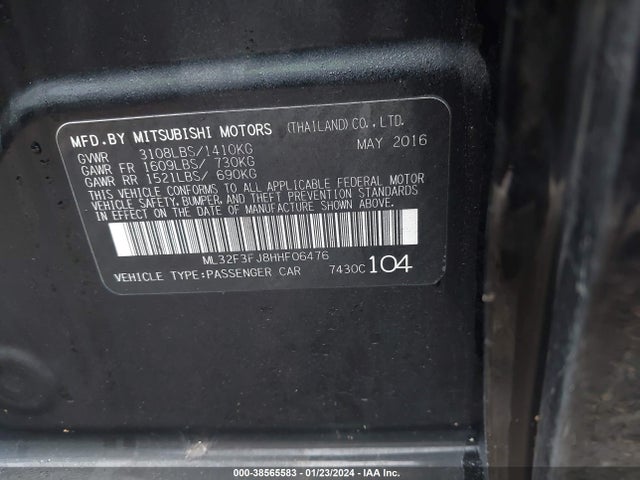 2017 MITSUBISHI MIRAGE G4 ES VIN: ML32F3FJ8HHF06476