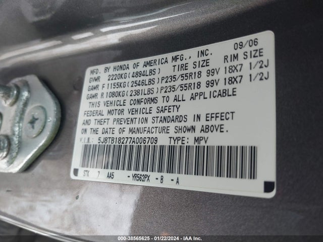 Продаж на аукціоні авто 2007 Acura Rdx, vin: 5J8TB18277A006709, номер лоту: 38565625