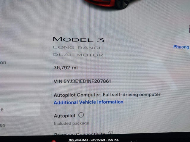 2022 TESLA MODEL 3 LONG RANGE DUAL MOTOR ALL-WHEEL DRIVE VIN: 5YJ3E1EB1NF207861