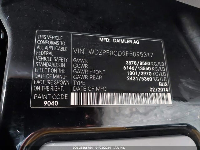 2014 MERCEDES-BENZ SPRINTER 2500 HIGH ROOF VIN: WDZPE8CD9E5895317