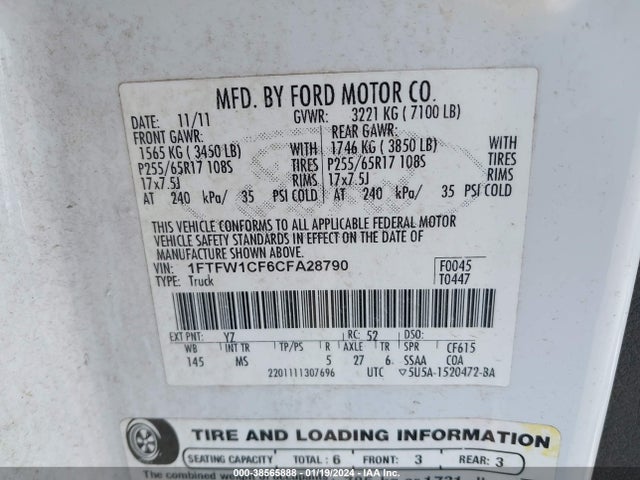 2012 FORD F-150 XLT VIN: 1FTFW1CF6CFA28790