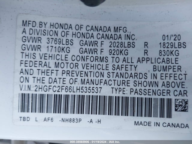 Honda Civic Lx 2020 2HGFC2F66LH535537 Image 9